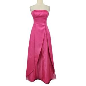 SALE Vintage 80s Pink Satin Boned Strapless Gown with Side Slit Organza Underlay